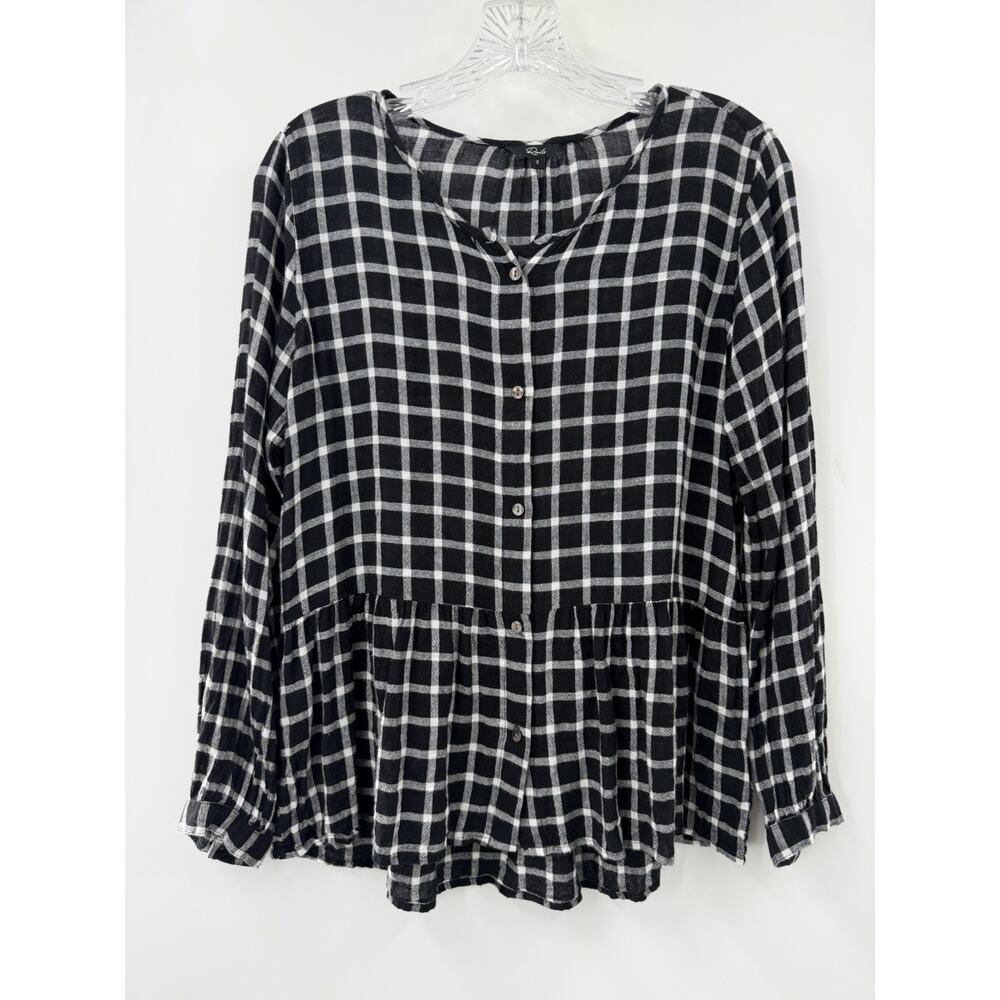 Rails Women's Celeste Long Aleeve Onyx White Check Button Front Blouse Peplum S